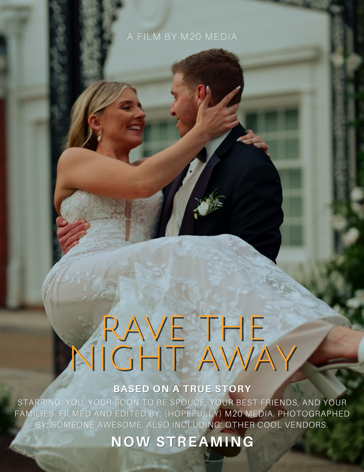 Movie poster style photo of a couple on their wedding day with the groom holding the bride up and spinning at fox chapel golf club