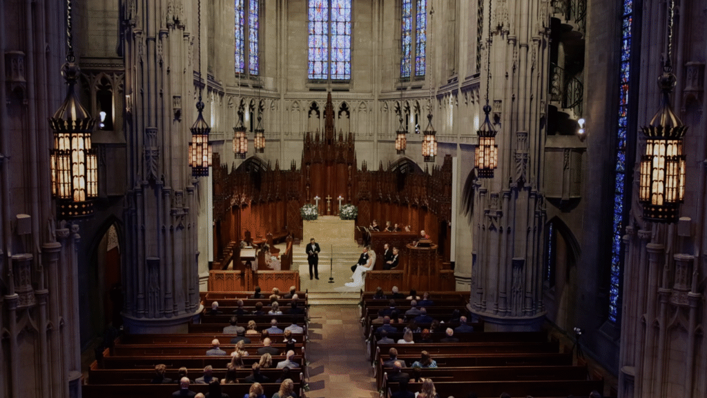 Heinz Chapel wedding ceremony film screenshot from the balcony